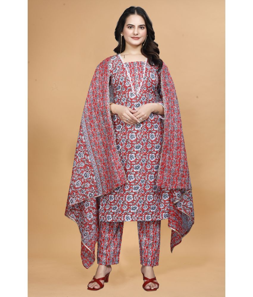     			Sitanjali Cotton Printed Kurti With Pants Women's Stitched Salwar Suit - Red ( Pack of 1 )