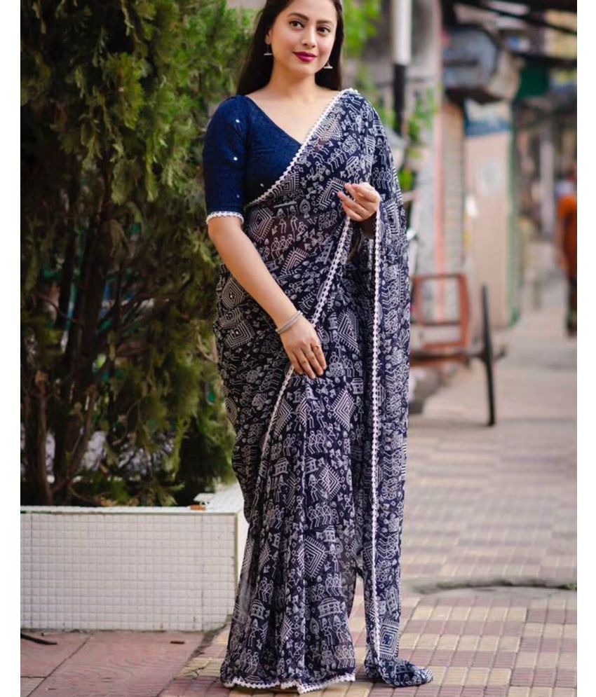     			Suntex Georgette Printed Saree With Blouse Piece ( Navy Blue , Pack of 1 )