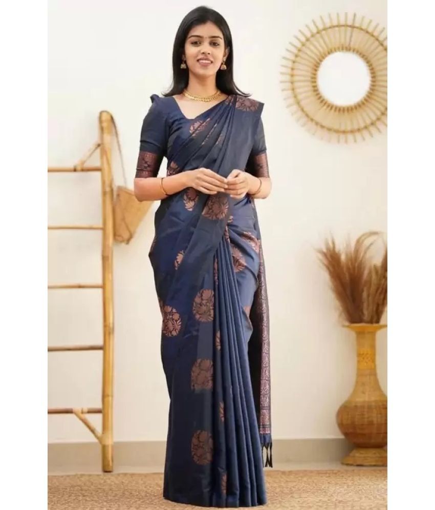     			Suntex Silk Woven Saree With Blouse Piece ( Navy Blue , Pack of 1 )