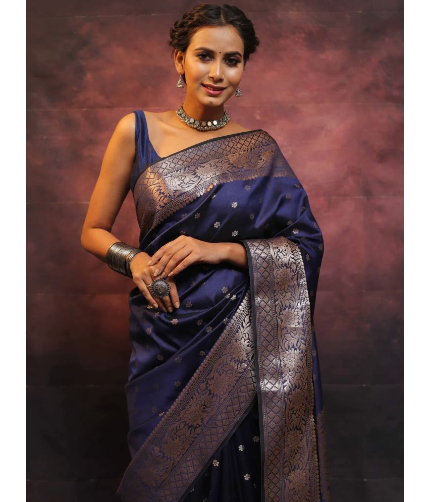     			Vastukala Silk Woven Saree With Blouse Piece ( Navy Blue , Pack of 1 )