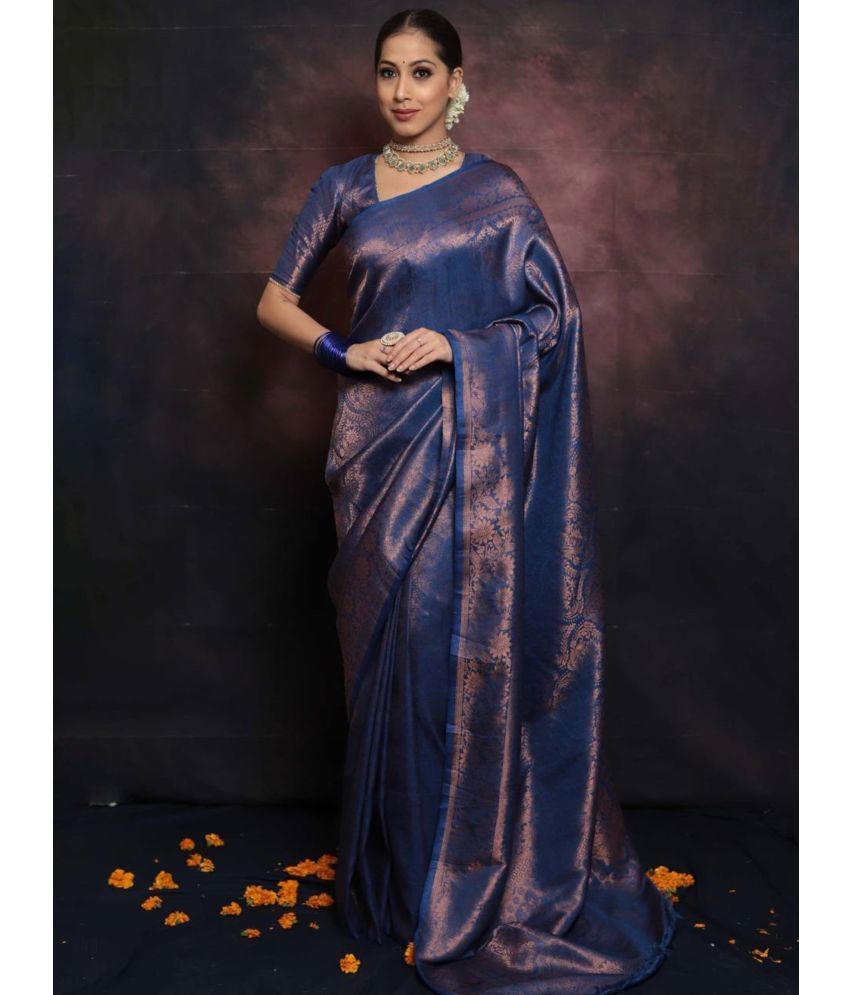     			Vastukala Silk Woven Saree With Blouse Piece ( Navy Blue , Pack of 1 )