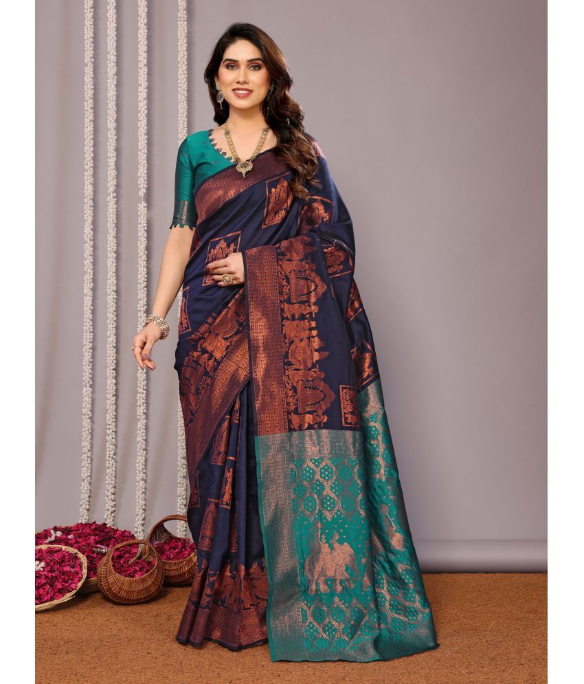     			Vastukala Silk Printed Saree With Blouse Piece ( Blue , Pack of 1 )