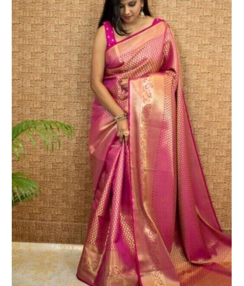     			Vastukala Silk Woven Saree With Blouse Piece ( Pink , Pack of 1 )