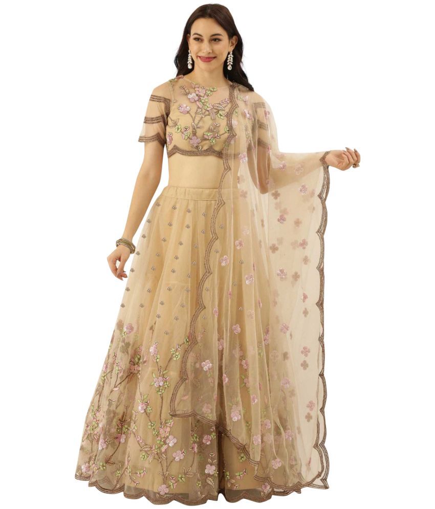     			piludi Beige Net Unstitched Semi Stitched Lehenga Single