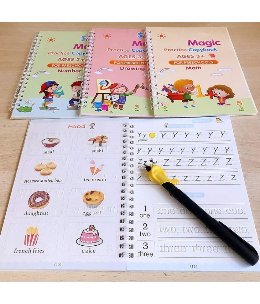     			AG TRADERS Magic Practice Copybook Set for Kids, 4 Books + 10 Refills + 1 Pen + 1 Grip, 19cm x 13cm, Number Tracing Book for Pre-Schoolers, Magic Calligraphy Copybook Writing Tool