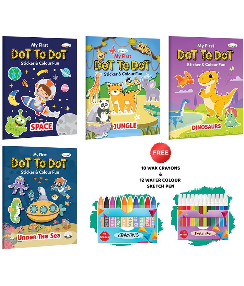     			My first Dot to Dot Sticker & Colour Fun - Under the Sea, Jungle, Space and Dinosaurs with 10 wax crayons and 12 Water colour sketch pen : Kids Art Book, Coluring book for young kids, Creative Sticker colouring Book | Combo of 4 Colouring Books