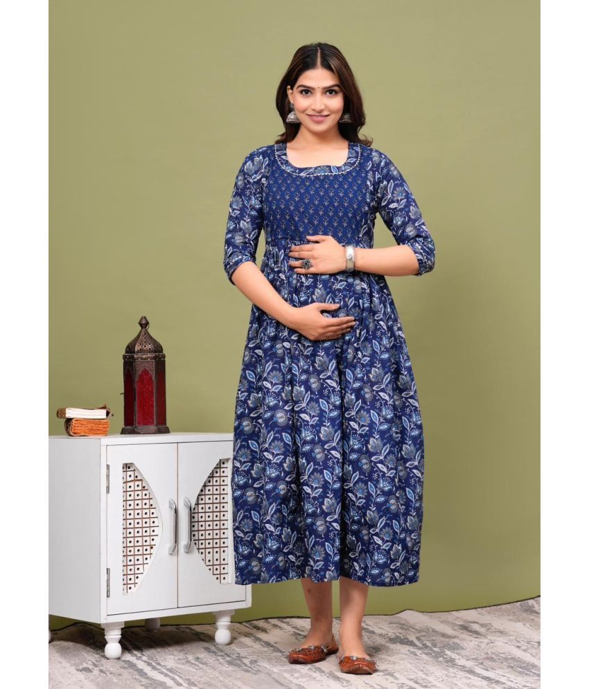     			Nitvan Blue Cotton Maternity Kurta