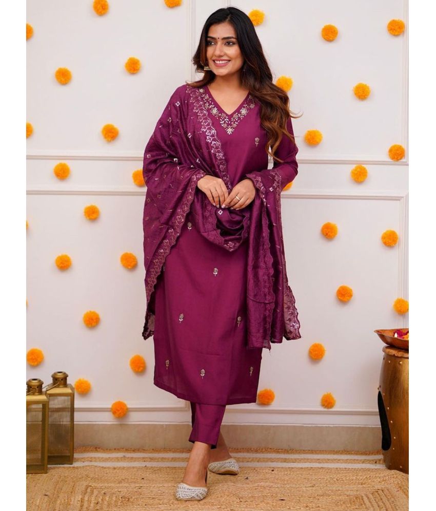     			Niza Fashion Chanderi Embroidered Kurti With Pants Women's Stitched Salwar Suit - Purple ( Pack of 1 )