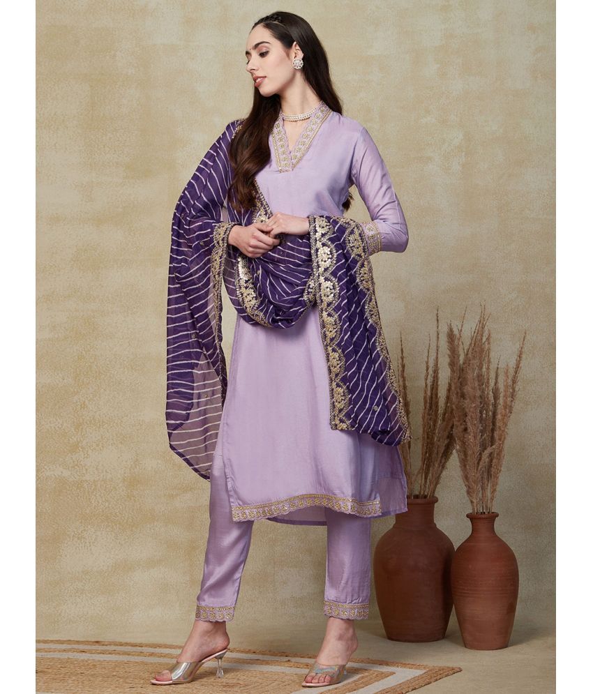     			Niza Fashion Viscose Embroidered Kurti With Pants Women's Stitched Salwar Suit - Purple ( Pack of 1 )