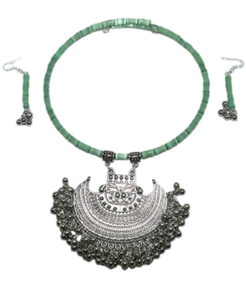     			Tribal Jewellery Green Oxidised Silver Necklace Set ( Pack of 1 )