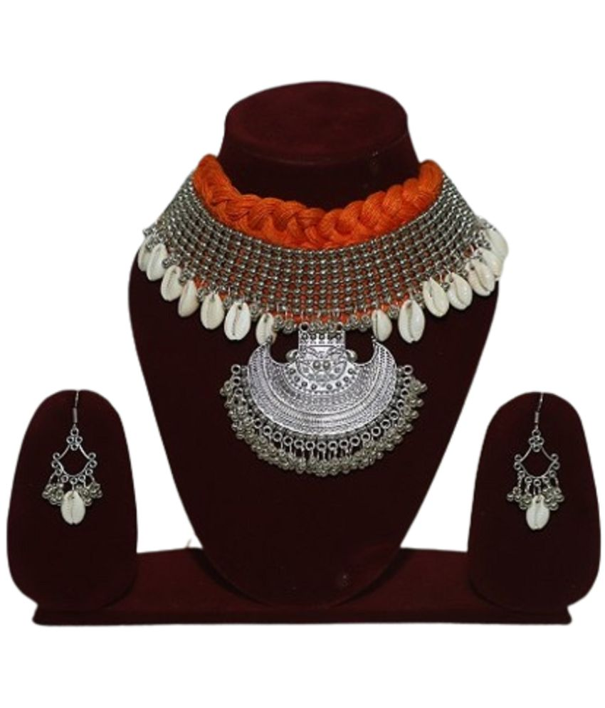     			Tribal Jewellery Red Oxidised Silver Necklace Set ( Pack of 1 )