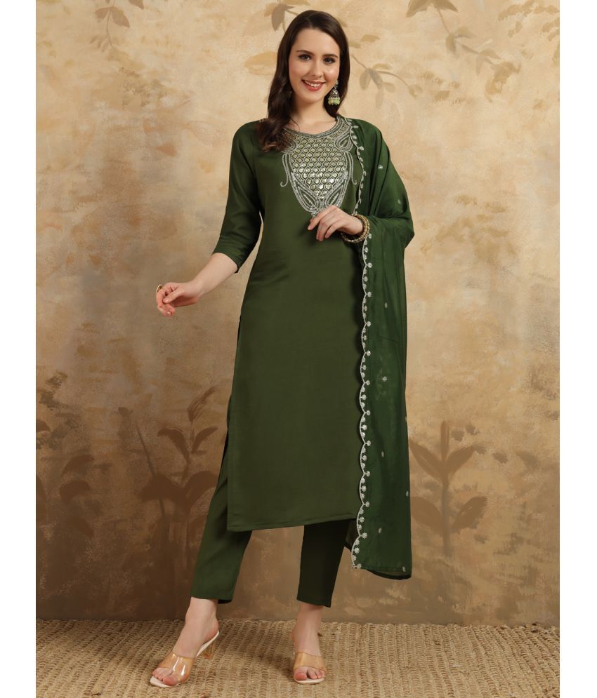     			Vividvibe Chanderi Embroidered Kurti With Pants Women's Stitched Salwar Suit - Green ( Pack of 1 )