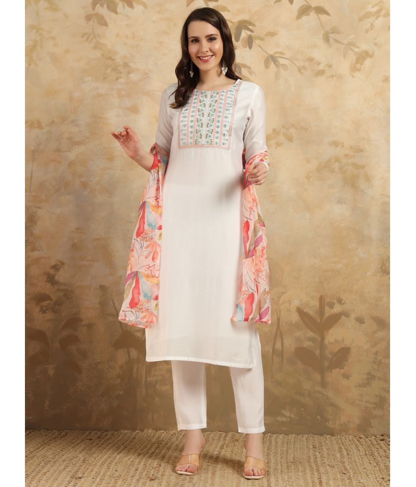     			Vividvibe Chanderi Embroidered Kurti With Pants Women's Stitched Salwar Suit - White ( Pack of 1 )