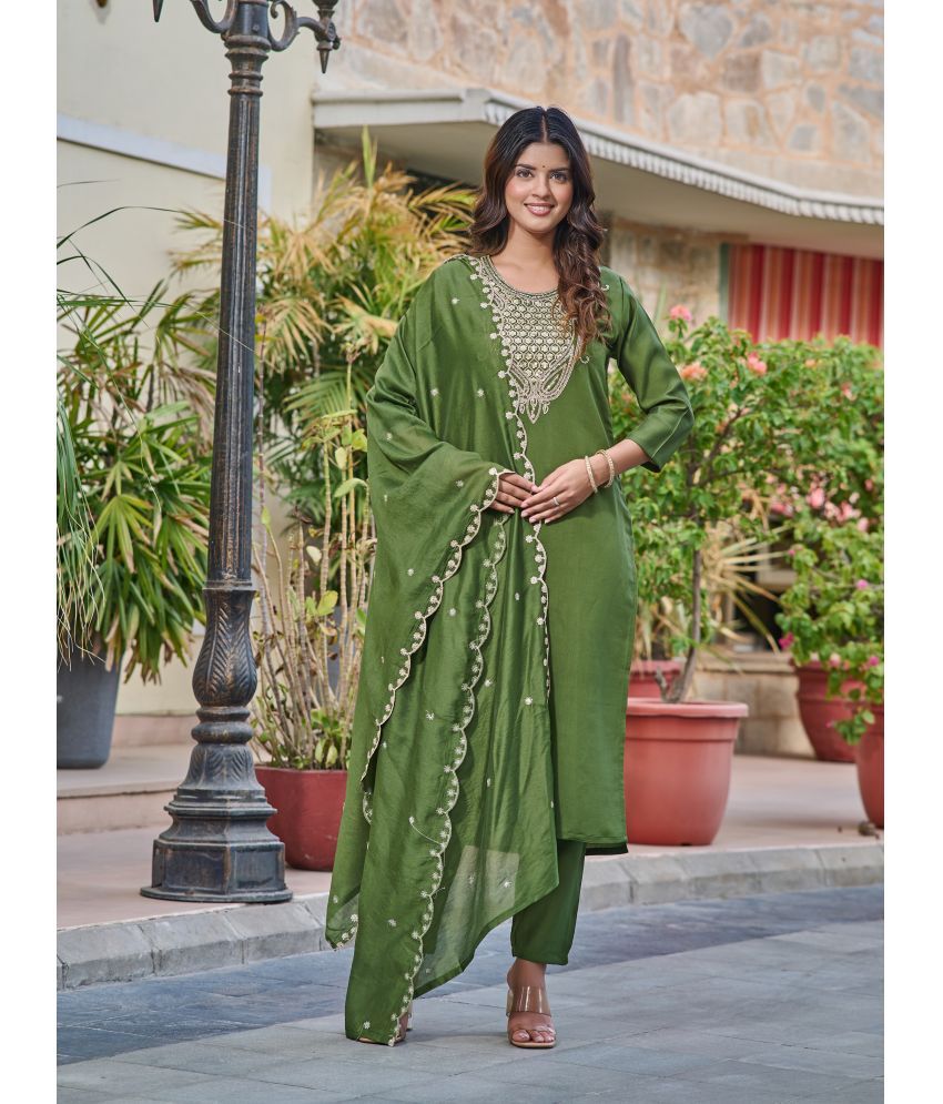     			Vividvibe Chanderi Embroidered Kurti With Pants Women's Stitched Salwar Suit - Green ( Pack of 1 )