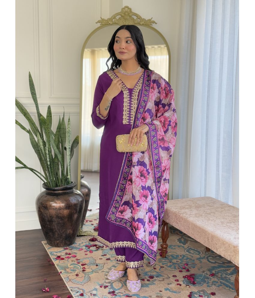     			Vividvibe Viscose Embroidered Kurti With Pants Women's Stitched Salwar Suit - Purple ( Pack of 1 )