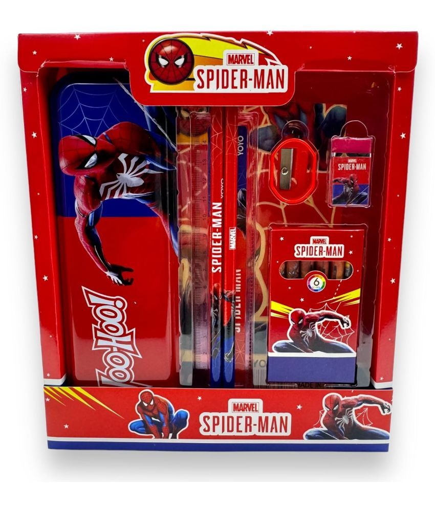     			Spiderman Theme Stationery Set Cartoon Printed Pencil Box with Pencil, Eraser, Sharpener, Scale, Crayons Stationery Gift Set Kit for Kids, Boys, Girls.