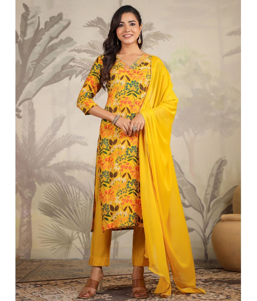     			Janasya Chanderi Printed Kurti With Pants Women's Stitched Salwar Suit - Mustard ( Pack of 1 )