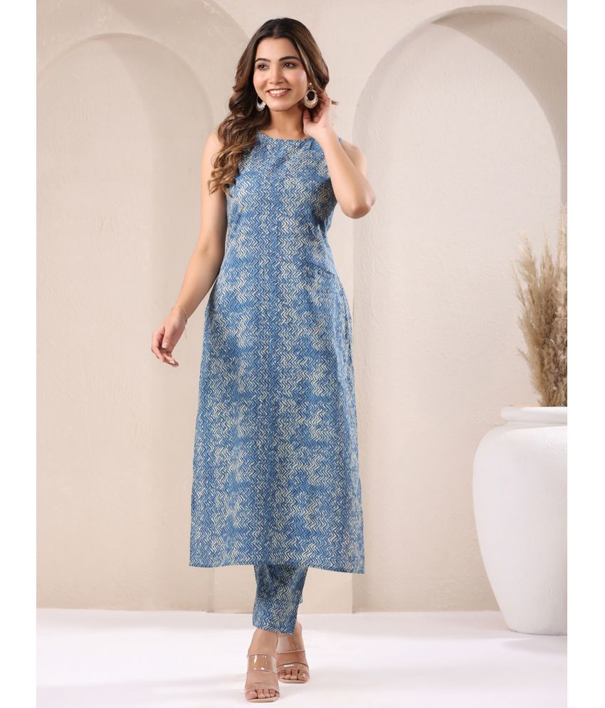     			Janasya Cotton Printed Kurti With Pants Women's Stitched Salwar Suit - Blue ( Pack of 1 )