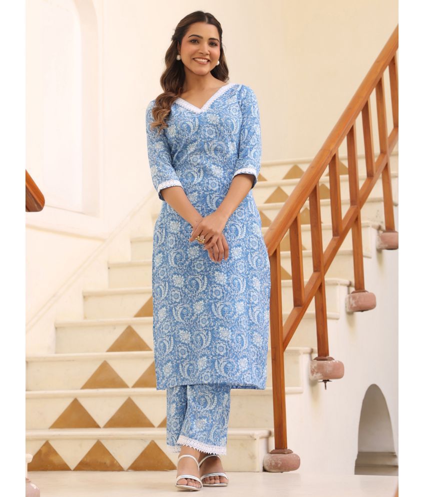     			Janasya Cotton Printed Kurti With Palazzo Women's Stitched Salwar Suit - Light Blue ( Pack of 1 )