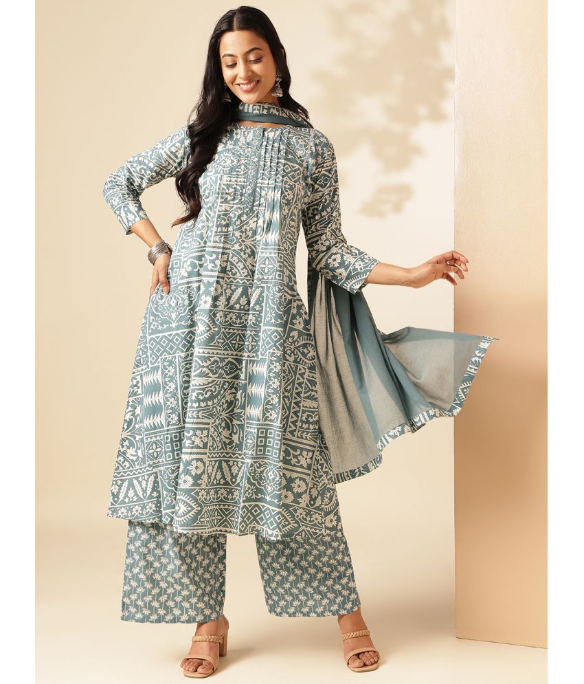     			Vbuyz Cotton Printed Kurti With Palazzo Women's Stitched Salwar Suit - Aqua Blue ( Pack of 1 )