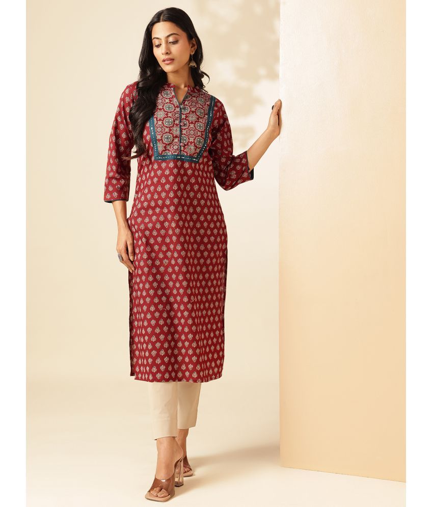     			Vbuyz Pack of 1 Cotton Printed Straight Women's Kurti - ( Maroon )