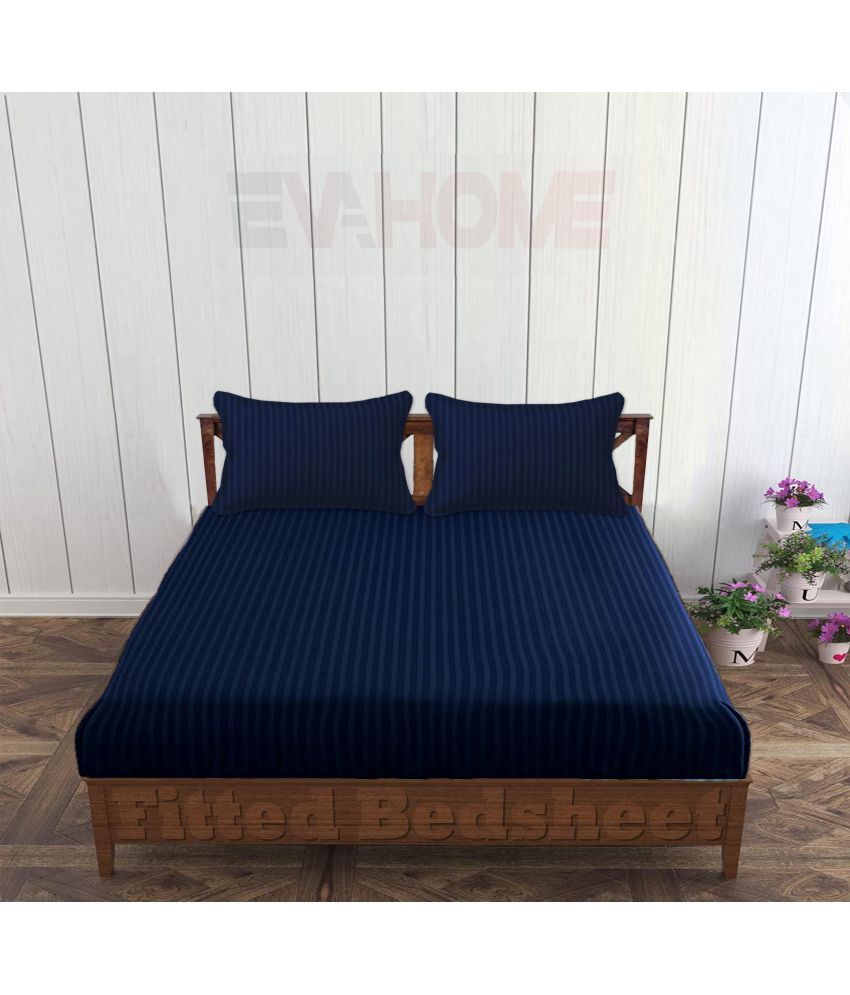     			EVAHOME Cotton Vertical Striped Fitted 1 Bedsheet with 2 Pillow Covers ( King Size ) - Navy Blue