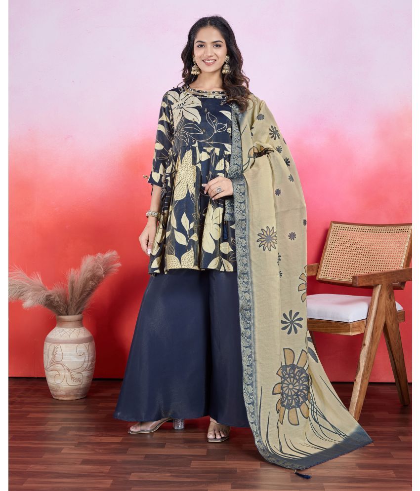     			MOJILAA Viscose Printed Kurti With Palazzo Women's Stitched Salwar Suit - Navy Blue ( Pack of 1 )