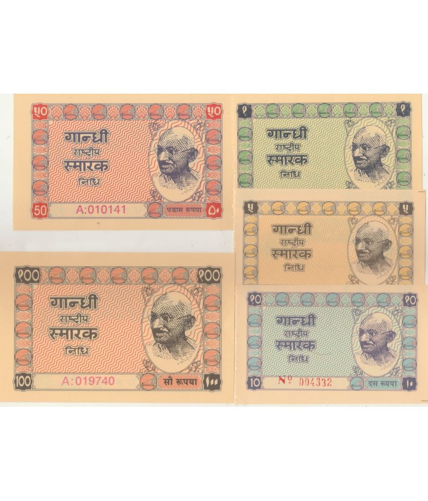     			NUMISMATTECLY  RARE AND COLLECTIBLE-GANDH  SMARAK NEDHEE-A- NO-1+5+10+50+100 RS=5 NOTE SET-  YEAR-1980.COMMOMORATIVE  NOTE SET.,IN  GEM UNC CONDITION. CHECK PICTURE CAREFFULLY BEFORE ORDER PLEASE DONT PLACE FAKE  ORDER.