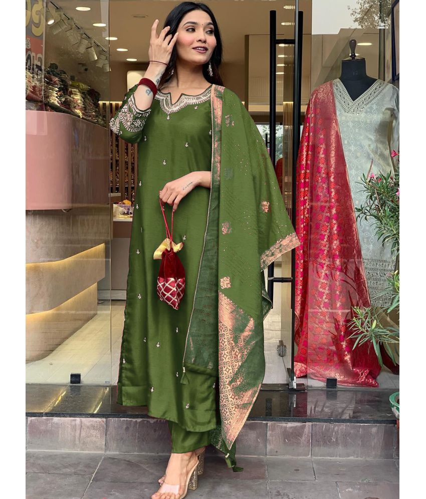     			Niza Fashion Silk Embroidered Kurti With Pants Women's Stitched Salwar Suit - Green ( Pack of 1 )