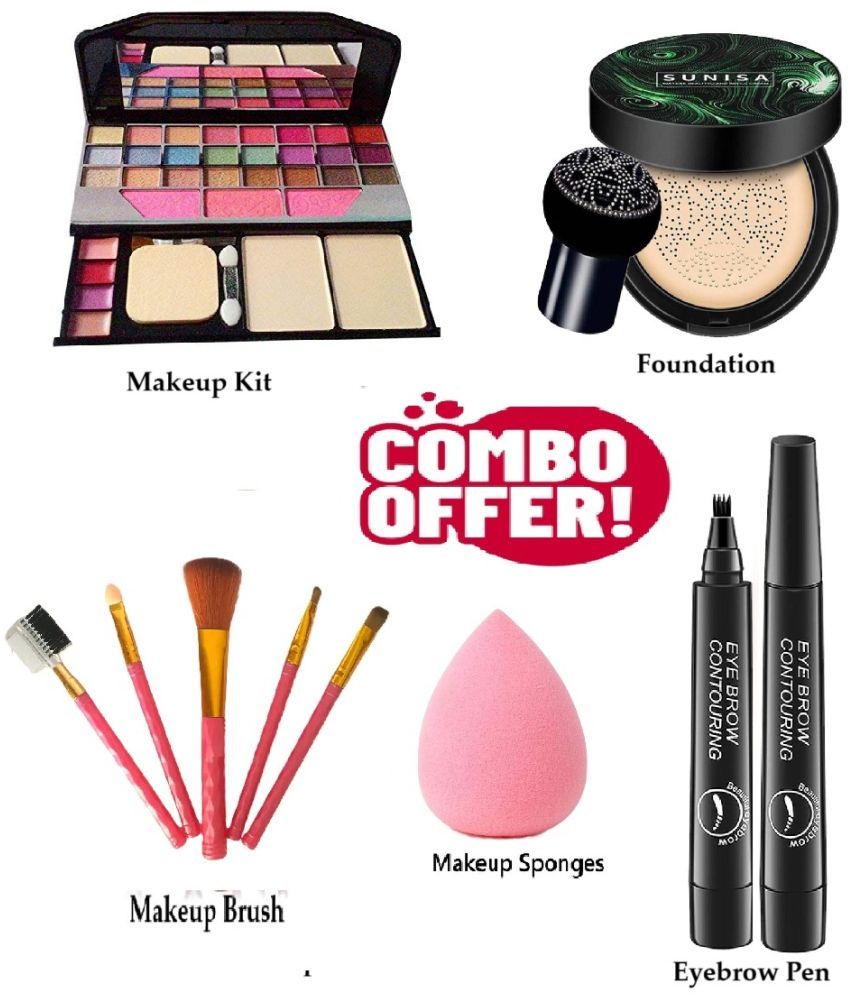     			Trendy Full Makeup Combo of 5 ( Makeup Kit, 5 Dark Makeup Pink Brush, Eyebrow Contouring Pen, Sunisa Foundation, 1 Egg Design Spong) for Women/Girls