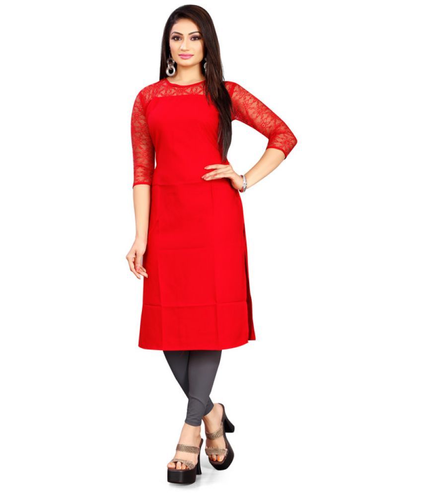     			BHAGYASHARY Pack of 1 Crepe Self Design Straight Women's Kurti - ( Red )