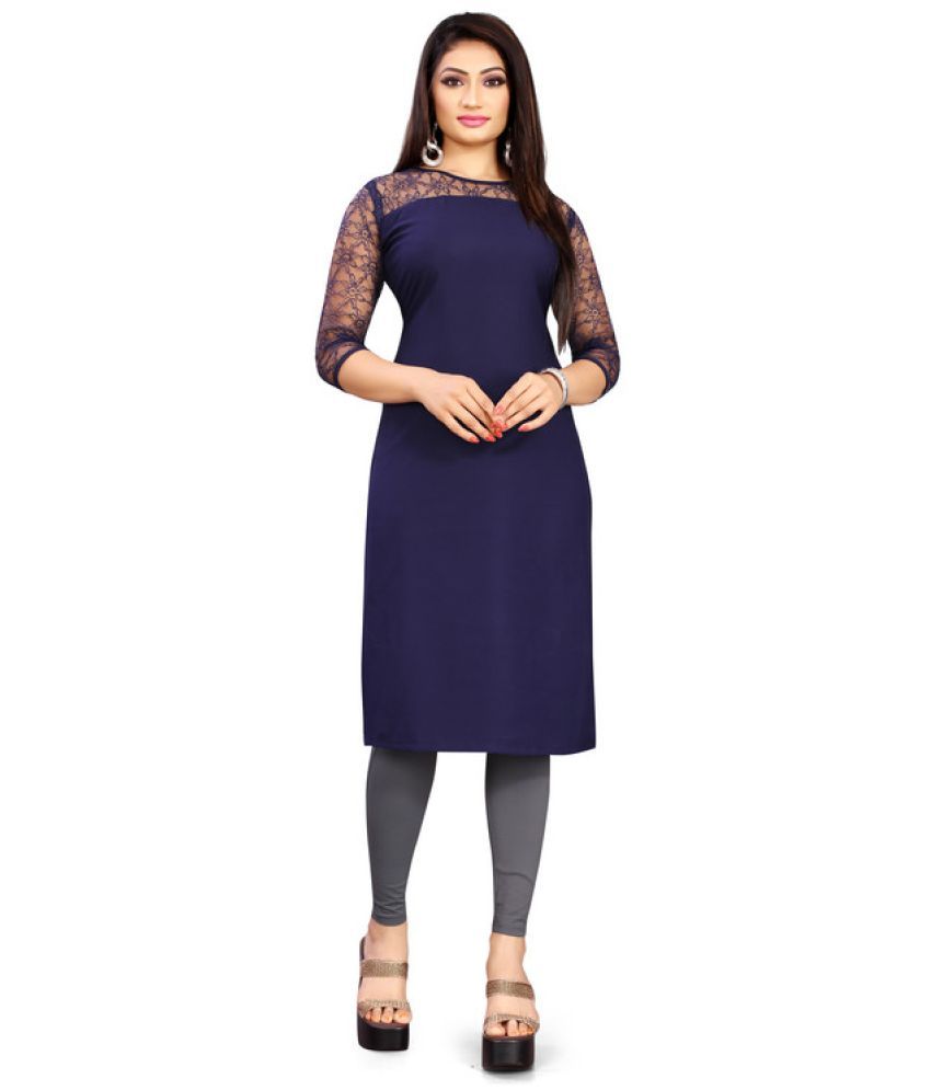     			BHAGYASHARY Pack of 1 Crepe Self Design Straight Women's Kurti - ( Blue )