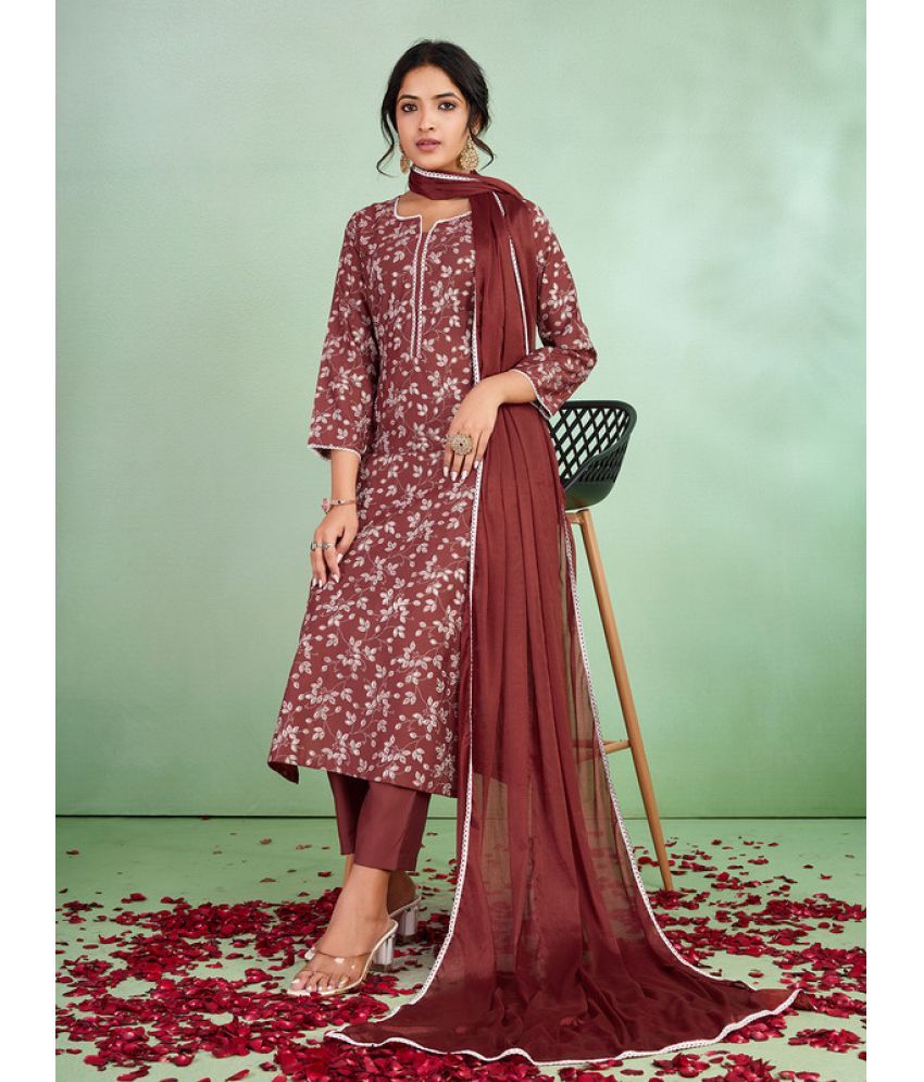     			SUAAC Silk Blend Printed Kurti With Pants Women's Stitched Salwar Suit - Brown ( Pack of 1 )