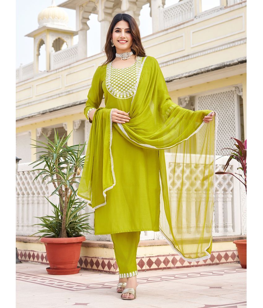     			VIBEVISION Cotton Blend Embroidered Kurti With Pants Women's Stitched Salwar Suit - Olive ( Pack of 1 )