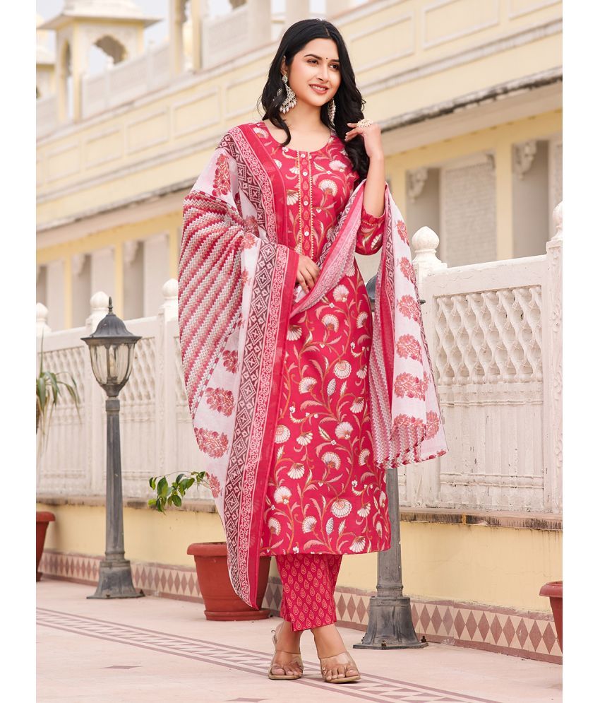     			VIBEVISION Cotton Blend Printed Kurti With Pants Women's Stitched Salwar Suit - Red ( Pack of 1 )