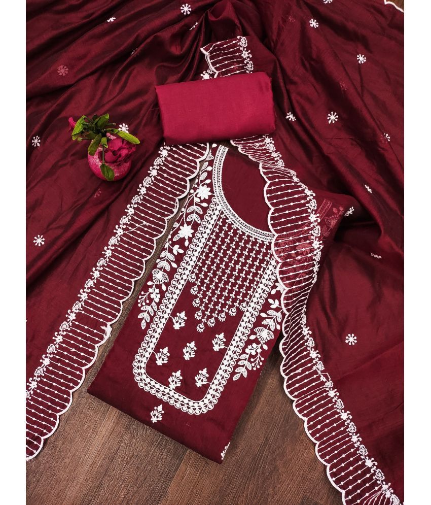     			Rangtulika Ethnics Unstitched Cotton Blend Applique Dress Material - Maroon ( Pack of 1 )