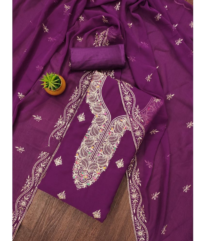     			Rangtulika Ethnics Unstitched Georgette Embroidered Dress Material - Purple ( Pack of 1 )