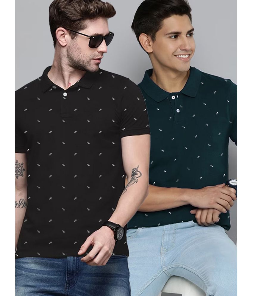     			Merriment Pack of 2 Cotton Regular Fit Printed Half Sleeves Men's Polo T Shirt ( Black )