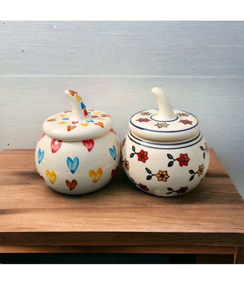     			Malaikah Multi Combo Salt Jar Ceramic Off White Tea/Coffee/Sugar Container ( Set of 2 )