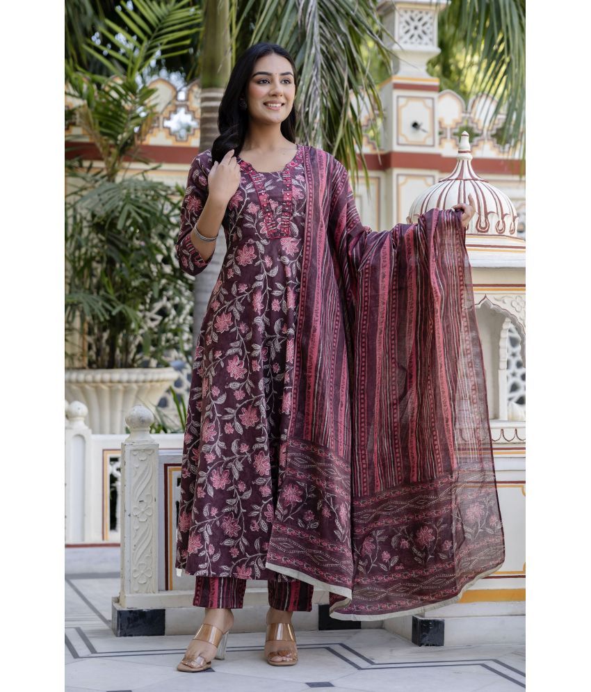     			Kohsh Cotton Printed Kurti With Pants Women's Stitched Salwar Suit - Maroon ( Pack of 1 )