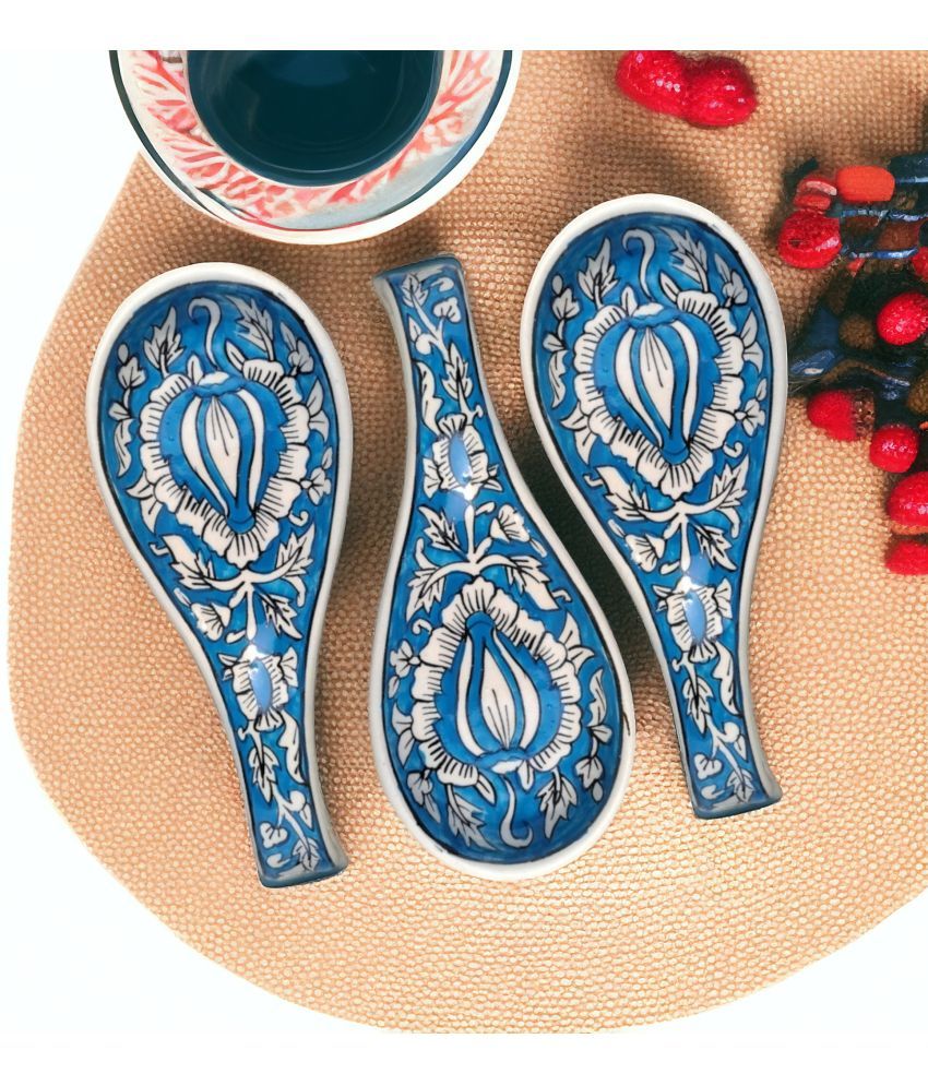     			Malaikah Sky Mughal Lng Spn Ceramic Printed Serving Spoon Light Blue ( Pack of 3 )