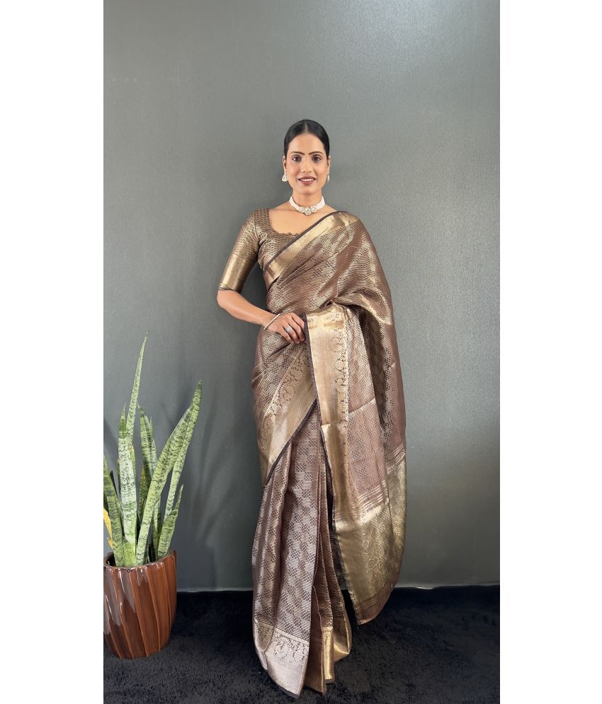     			KV Fashion Tissue Woven Saree With Blouse Piece ( Brown , Pack of 1 )