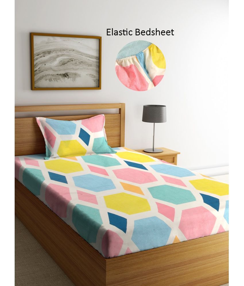     			Klotthe Poly Cotton Geometric Fitted 1 Bedsheet with 1 Pillow Cover ( Single Bed ) - Multi