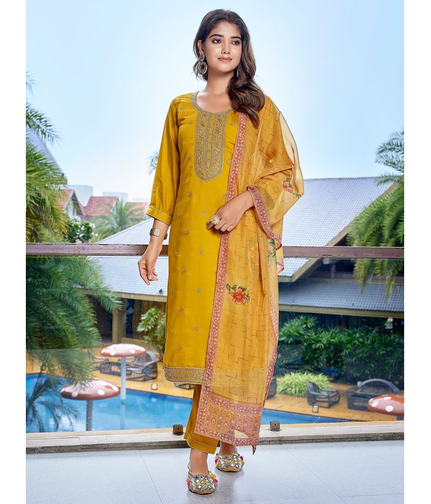     			Royal Export Pack of 1 Viscose Embroidered Straight Women's Kurti with Dupatta - ( Yellow )