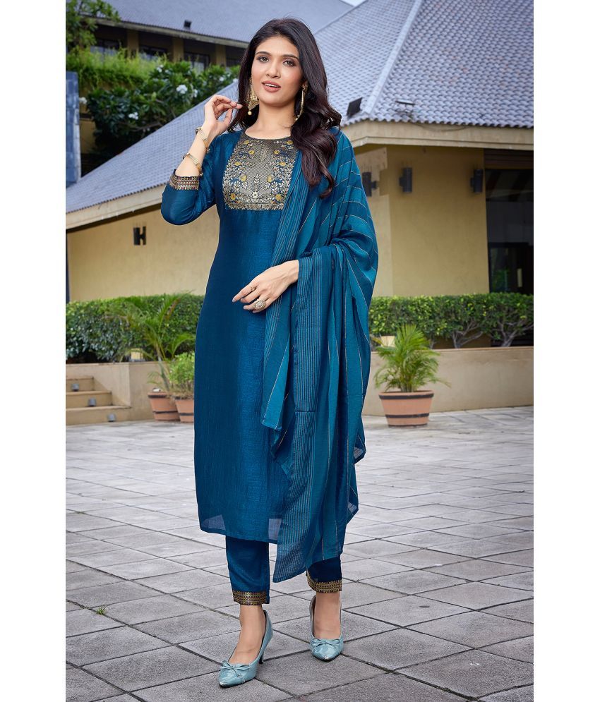     			Royal Export Pack of 1 Silk Blend Solid Straight Women's Kurti with Dupatta - ( Teal )