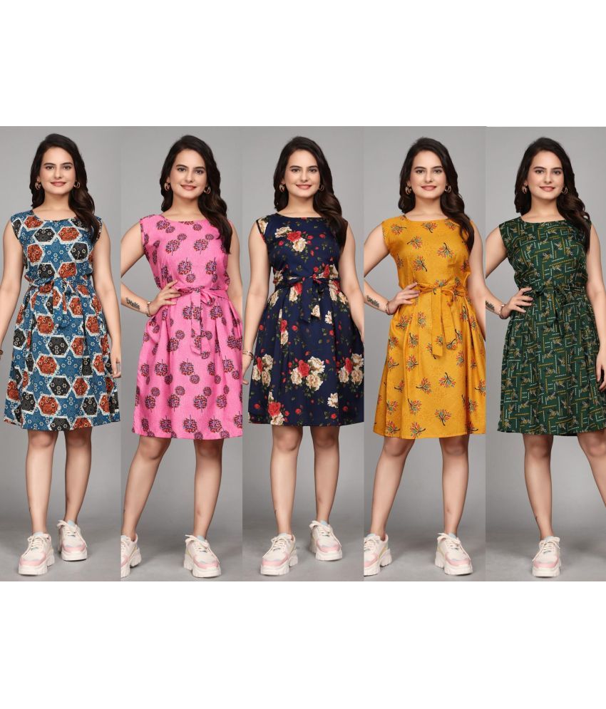     			KALAVRITTA Crepe Printed Knee Length Women's Fit & Flare Dress - Multicolor ( Pack of 5 )