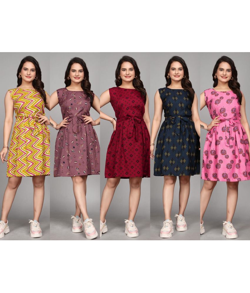     			KALAVRITTA Crepe Printed Knee Length Women's Fit & Flare Dress - Multicolor ( Pack of 5 )