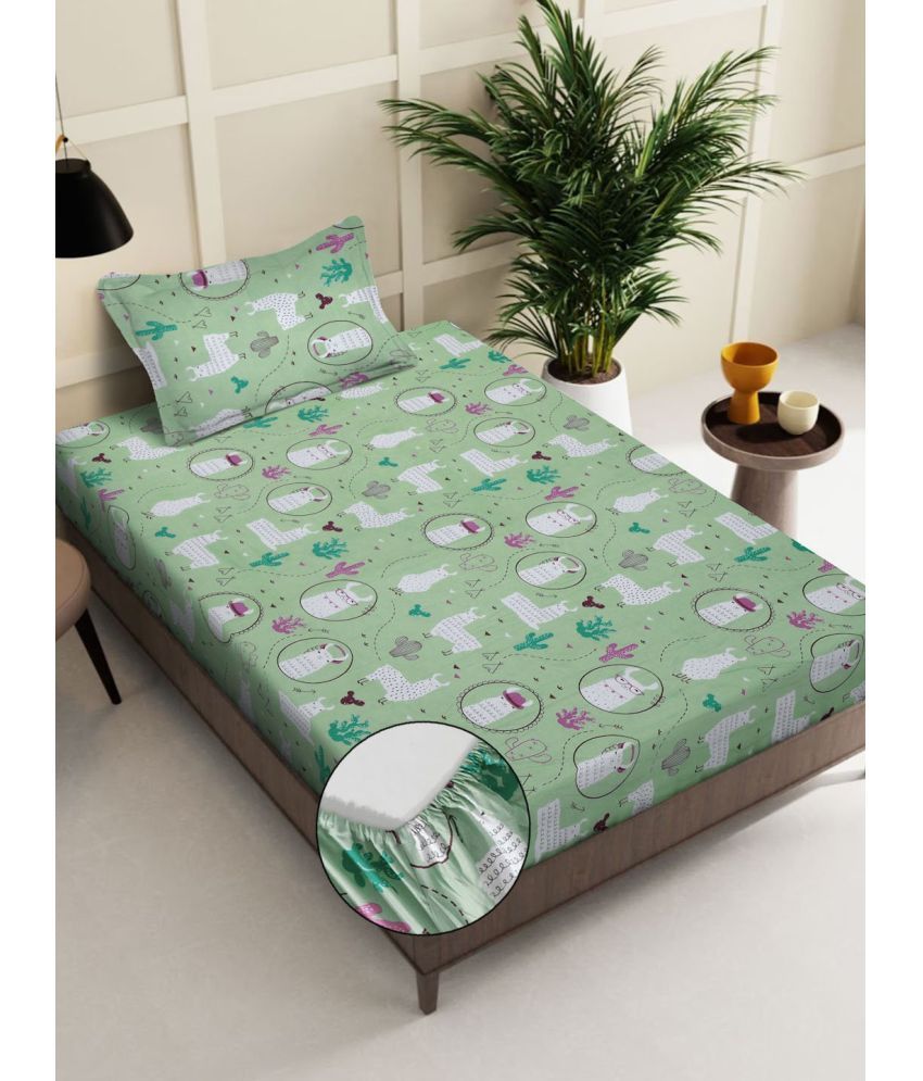     			Klotthe Cotton Animal Fitted 1 Bedsheet with 1 Pillow Cover ( Single Bed ) - Green