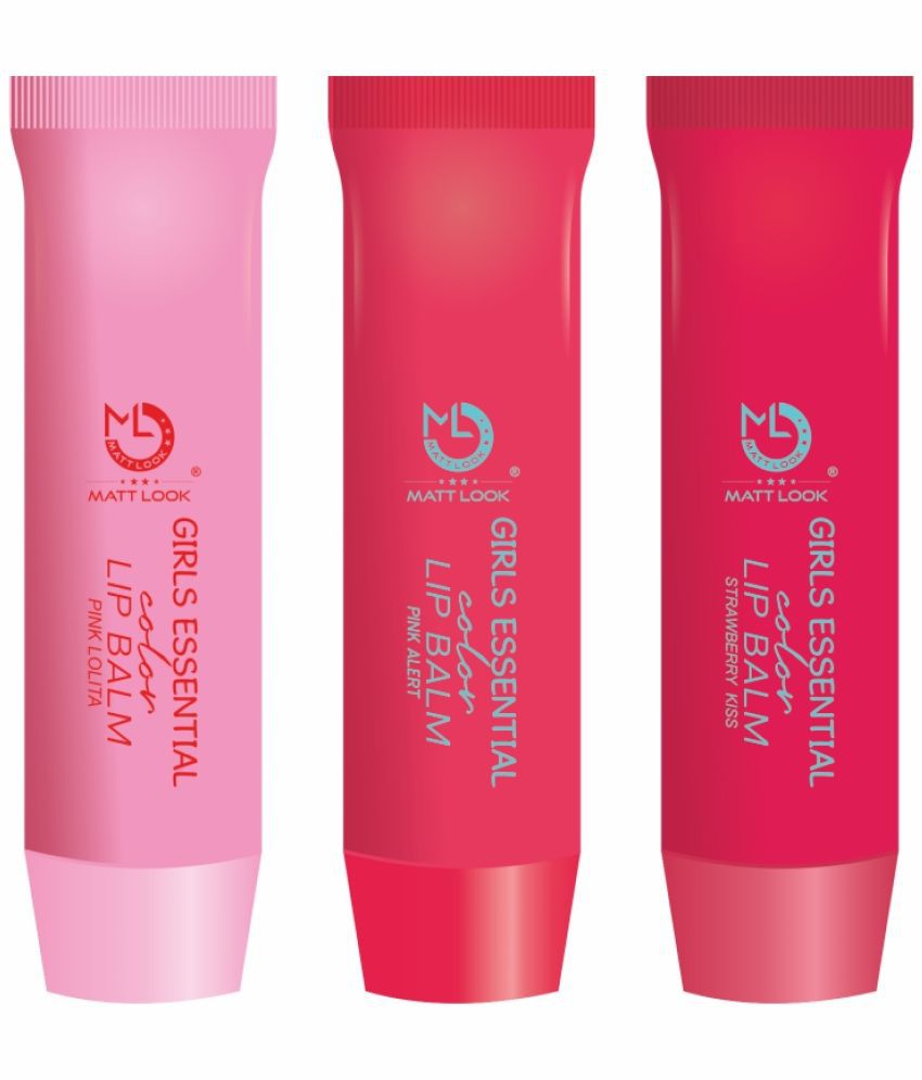     			Mattlook Lip Makeup Girls Essential Color Lip Balm Moisturizing Lip, 3 Multi Flavours Pink Alert | Strawberry Kiss | Pink, Pack of 3 (10.5gm)