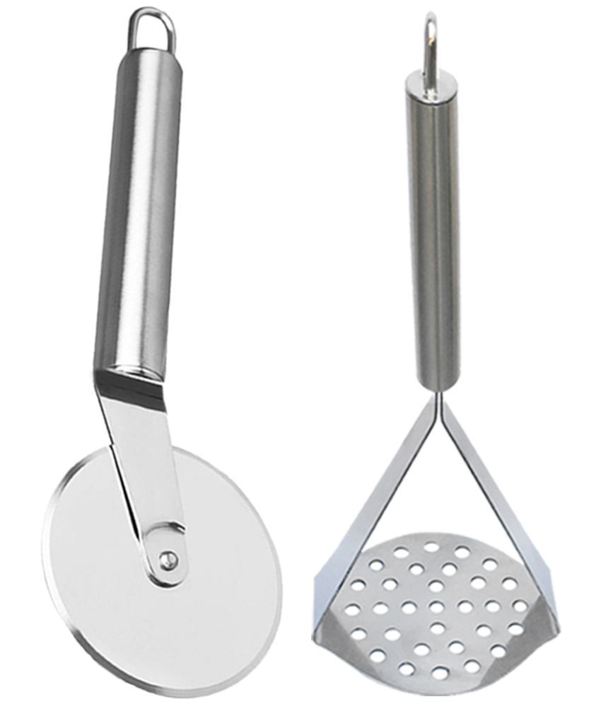     			JISUN Stainless Steel Wheel Pizza Cutter & Vegetable Masher, Pav Bhaji Masher, Potato Masher Silver Kitchen Tool Set